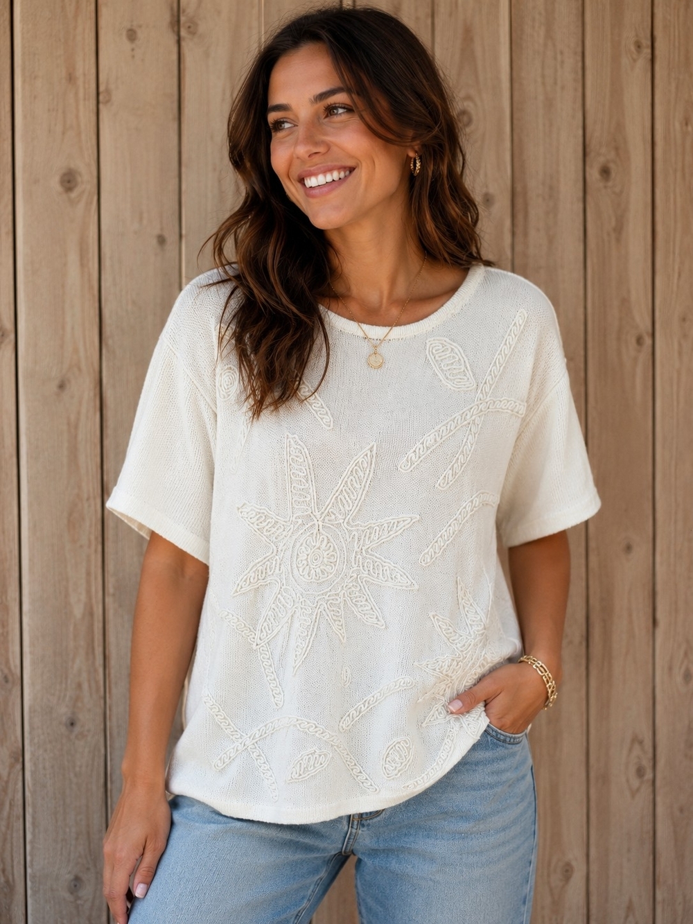 Vintage Franco Valeri Embroidered Knit Top Cream Oversized